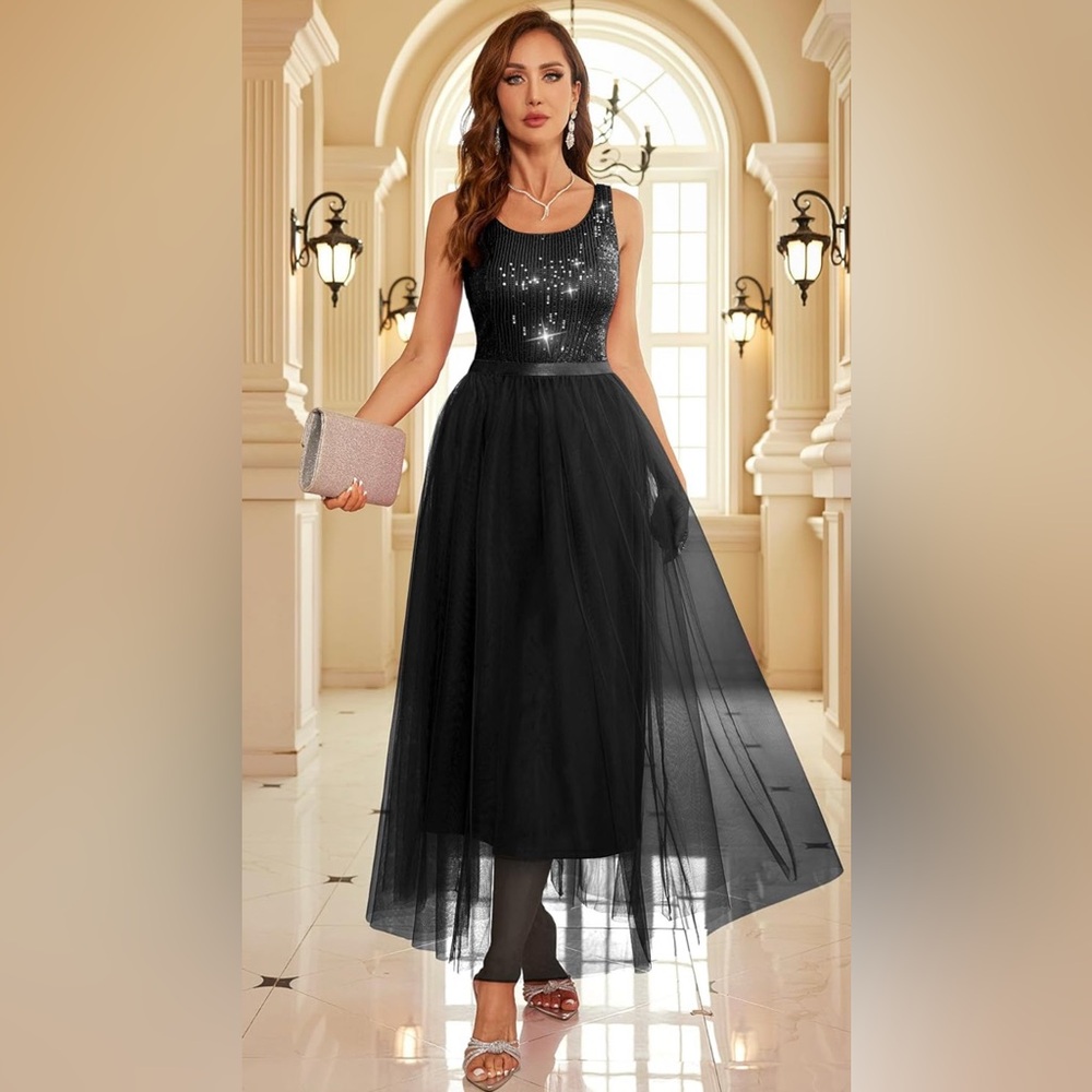 BeryLove Sequin Vintage A Line Wedding Formal Swing Mesh Dress Cocktail Gowns